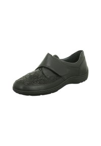 Schwarze Lederschuhe mit einem strukturierten Schlangenlederdesign an der Vorderseite, einem breiten verstellbaren Riemen und einer geschwungenen Gummisohle.