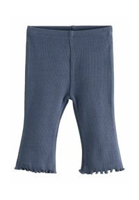 Blaue gerippte Leggings mit ausgestellt geschnittenem Saum und Rüschendetails. Hergestellt aus weichem, elastischem Stoff, der für Komfort und Bewegungsfreiheit geeignet ist.