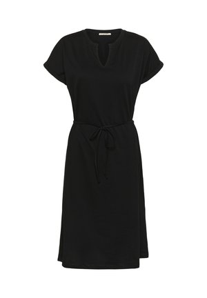 Fekete, rövid ujjas ruha kerek nyakkivágással és kulcslyuk alakú kivágással. Könnyen állítható derékrésszel rendelkezik, és a szegélye éppen térd fölött végződik.