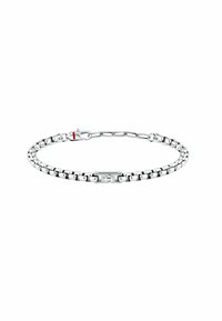 Bracciale in argento con anelli circolari e una parte centrale piatta con un design ad ancora. Finitura in metallo texturizzato e chiusura sicura.