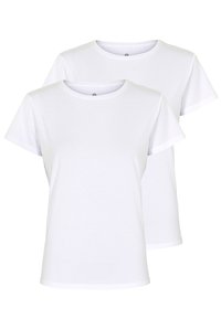 Hvide bomulds-T-shirts med klassisk rund hals og korte ærmer, der har en glat overflade og en almindelig pasform. To T-shirts vises.