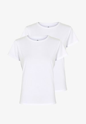 White cotton t-shirts with a classic crew neck and short sleeves, featuring a smooth texture and a regular fit. Two shirts are shown.