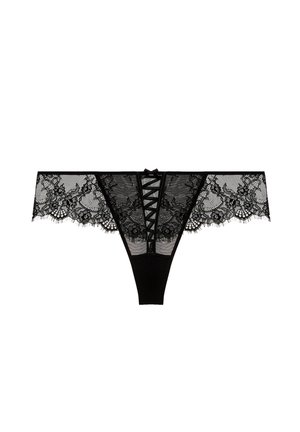 Tanga de encaje negro con patrón floral, paneles de malla y detalle frontal de cinta en cruz.
