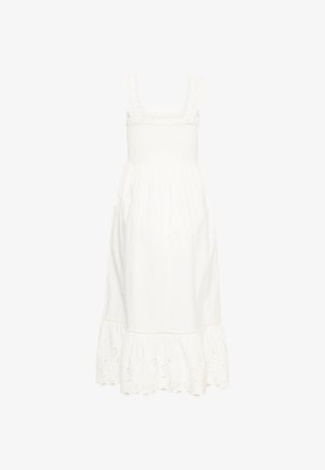 Witte mouwloze midi-jurk met een gerimpeld lijfje, gerimpelde bandjes en een afgewerkte zoom met ajourkant.