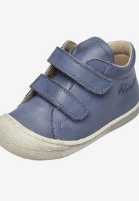 Blue leather children's shoe with two Velcro straps, beige interior, and white rubber sole with textured toe cap.