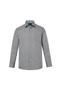 Košile s dlouhým rukávem v černobílém vzoru, s jednou náprsní kapsou a klasickým límcem s jemnou texturou.