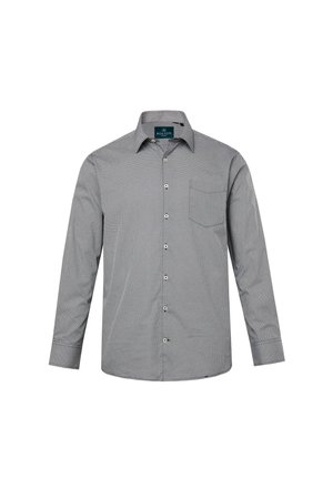 Koszula z długim rękawem, zapinana na guziki, w czarno-białym wzorze, z jedną kieszenią piersiową i klasycznym kołnierzykiem o subtelnej teksturze.