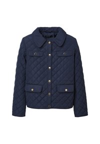 Giacca trapuntata blu navy con grande colletto, bottoni a pressione sul davanti e quattro tasche a pattina con chiusura a pressione.