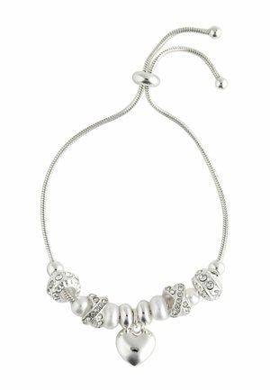 Silver bracelet with a sliding clasp, featuring decorative beads, a heart charm, and circular accents with clear rhinestones.