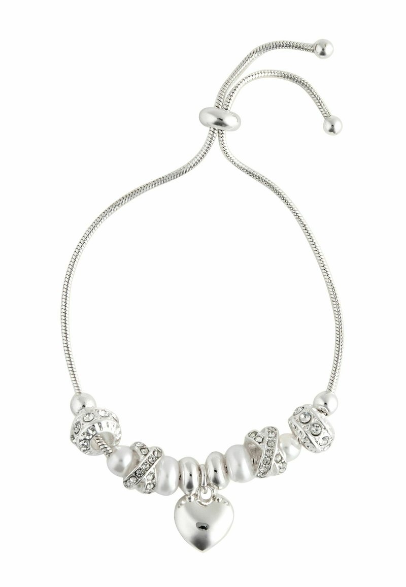 Srebrna bransoletka z przesuwanym zapięciem, zdobiona dekoracyjnymi koralikami, zawieszką w kształcie serca oraz okrągłymi akcentami z przezroczystymi cyrkoniami.