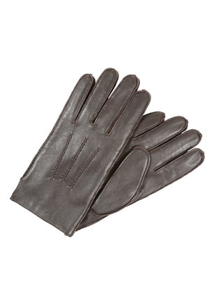 Gants en cuir marron avec une texture lisse, comportant quatre doigts et un pouce, des coutures décoratives et un design ajusté.