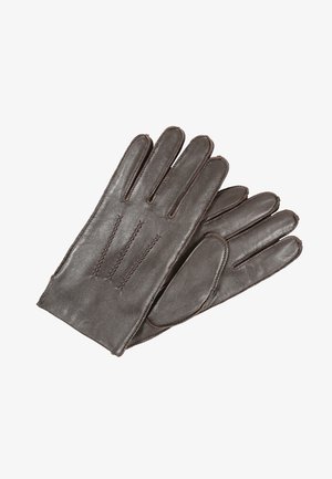 Gants en cuir marron avec une texture lisse, comportant quatre doigts et un pouce, des coutures décoratives et un design ajusté.