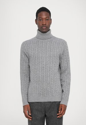Light gray cable-knit sweater with a high turtleneck, featuring textured patterns and ribbed cuffs and hem. Soft, warm material.