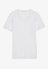 White, short-sleeve V-neck t-shirt made of soft, smooth fabric. Straight hem with no patterns or accents. Simple and classic design.