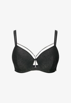Reggiseno nero con una superficie liscia e scintillante. Presenta coppe preformate, spalline regolabili e dettagli decorativi incrociati al centro.