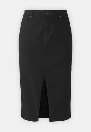 Czarna dżinsowa spódnica midi z rozcięciem z przodu, pięcioma kieszeniami, szlufkami na pasek i zapięciem na guzik. Gładka tekstura i dopasowany krój.