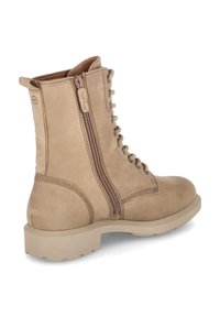 Beige leather ankle boot with lace-up front, side zipper, round toe, and textured rubber sole. Features stitched detailing and logo tag.