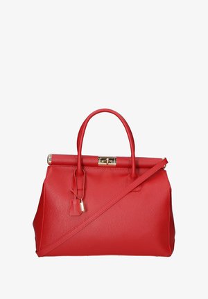 Rode leren handtas met een gestructureerde vorm, dubbele handvaten en een verstelbare schouderriem. Goudkleurige hardware en subtiele textuurdetails.