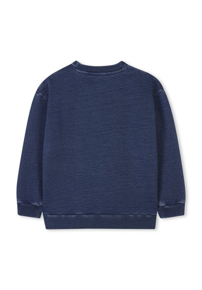 Sweat-shirt bleu marine avec un tissage texturé, col rond, poignets et ourlet côtelés. Le dos est uni, sans motifs ni détails supplémentaires.