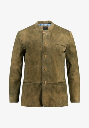 Braune Wildlederjacke mit rundem Kragen, fünf Knöpfen, einer Brusttasche und Seitentaschen. Mit einem blauen karierten Futter.