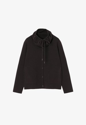 Black cardigan with a high, gathered cowl neck and drawstring. Features two front pockets and button closure, made from smooth fabric.
