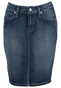 Jeanskjol i mörkt tvätt, med rak skärning, femfickorsdesign och synliga sömsyningar. Klassisk knappstängning i midjan.