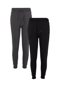 Zwei Paar Jogginghosen: eine in Dunkelgrau und eine in Schwarz. Beide haben elastische Taillenbündchen mit verstellbaren Kordeln und Bündchen an den Knöcheln.