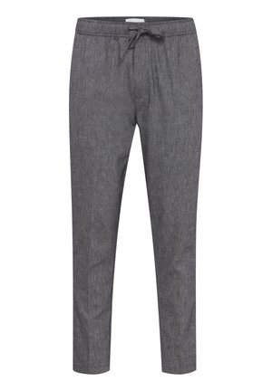 Dunkelgraue, leichte Hose aus strukturiertem Stoff, mit Zugbandbund und schmal zulaufendem Bein. Geeignet für die Freizeit.