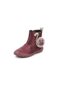 Stivaletti bordeaux con finitura lucida, caratterizzati da un accento a forma di fenicottero in rilievo e un pom-pom soffice sul lato. Suola in gomma testurizzata.