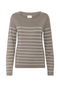 Maglione marrone chiaro con maniche lunghe, ampio scollo rotondo, caratterizzato da righe orizzontali argentate, texture morbida e vestibilità regolare.