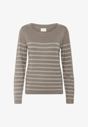 Svijetlosmeđi pulover s dugim rukavima, širokim okruglim izrezom, s horizontalnim srebrnim prugama, mekanom teksturom i regularnim krojem.