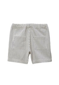 Shorts rayés avec un motif blanc et marine, taille élastique, et deux poches arrière en forme rectangulaire. Matière en coton.