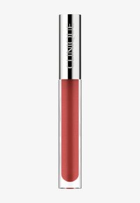 Rouge à lèvres liquide Clinique dans un tube transparent avec un capuchon argenté. La couleur est un rose doux avec une finition lisse et brillante.