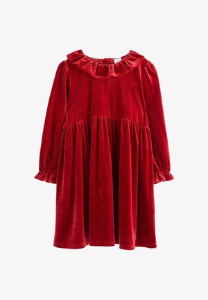 Robe longue en velours rouge à manches longues avec taille froncée et col ainsi que poignets à volants, adaptée aux occasions formelles ou festives.