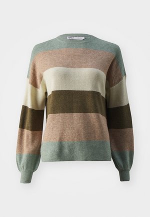 Striped sweater in green, beige, brown, and rose colors. Features ribbed texture, round neck, and long sleeves. Made from soft-knit material.