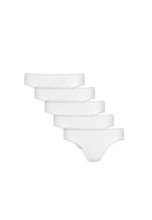 White lace-trimmed briefs displayed in a stack, showcasing a smooth texture, soft fabric, and a classic cut design.