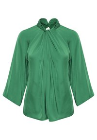 Blusa verde a maniche corte con colletto alto e fronte plissettato. Tessuto liscio con una leggera lucentezza, orlo curvo. Senza chiusure visibili.
