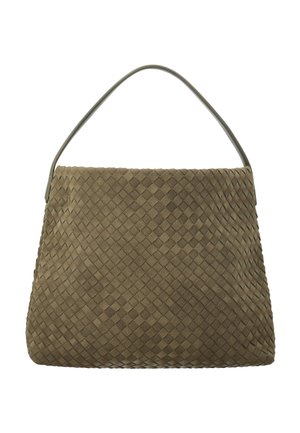 Brun vævet læderhåndtaske med enkelt skulderrem, trapezform og glat tekstur.