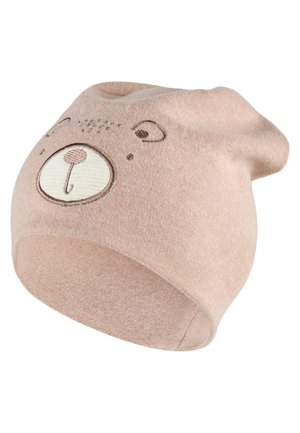 Soft light brown beanie hat with an embroidered bear face including nose, eyes, and mouth details on the front.