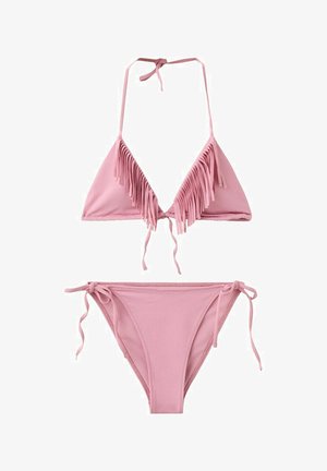 Pink to-delt bikini med strop i nakken, frynse-detalje på trekant-top og bindebånd i siden på trusserne.