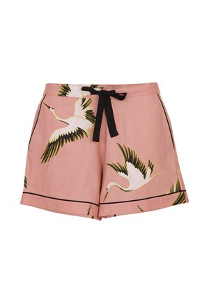 Roze shorts gemaakt van lichtgewicht stof met een witte kraanvogel en een groen palmbladpatroon, afgewerkt met een zwarte touwtie en details.