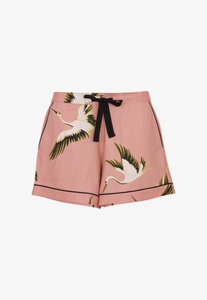 Roze shorts gemaakt van lichtgewicht stof met een witte kraanvogel en een groen palmbladpatroon, afgewerkt met een zwarte touwtie en details.