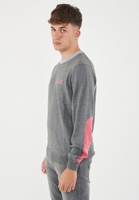 Maglione grigio in morbido knit, con un'accenno rosa sulla manica sinistra e un piccolo logo sul petto. Collo a giro e polsini a coste.
