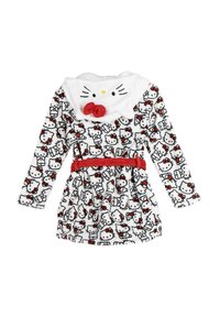 Hello Kitty-themed dress in white plush fabric with red accents. Features long sleeves, a belt, and a collar resembling the character's face.