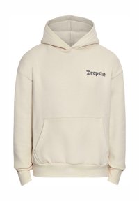 Felpa beige con tasca frontale, cappuccio con cordino e logo ricamato "Dropsize" in nero. Tessuto morbido e polsini a coste sulle maniche e sull'orlo.