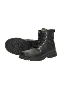 Zwarte leren enkellaarsjes met een gestructureerde afwerking, opvallende veters, hartvormige versieringen en een robuuste rubberen zool.