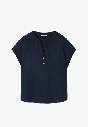 Marineblaues Kurzarmoberteil mit V-Ausschnitt, ausgestattet mit einer Leiste und zwei hellen Knöpfen. Hergestellt aus weichem, strukturiertem Stoff.