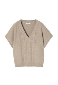Maglione beige lavorato a maglia con scollo a V, maniche corte, caratterizzato da un motivo a treccia sul davanti e orlo a costine.