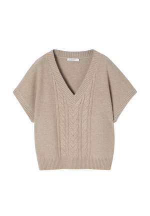 Beige gestrickter Pullover mit V-Ausschnitt und kurzen Ärmeln, der ein Zopfmuster entlang der Vorderseite und einen Rippenbund aufweist.
