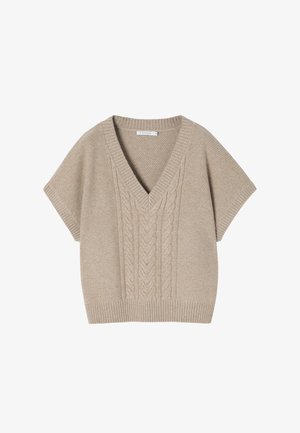 Beżowy sweter z dzianiny z dekoltem w kształcie litery V, krótkimi rękawami, z wzorem w warkocz na przodzie i ściągaczem na dolnej krawędzi.